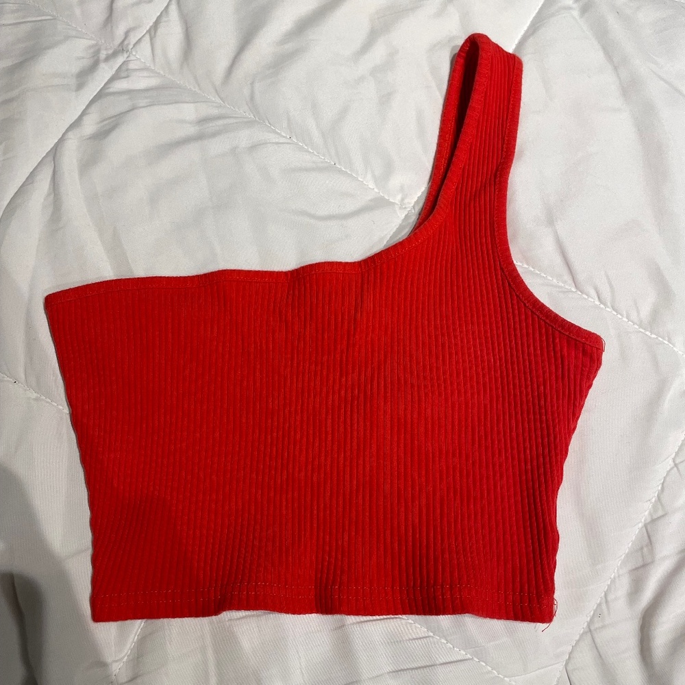 Red One Shoulder Rib-Knit Crop Top